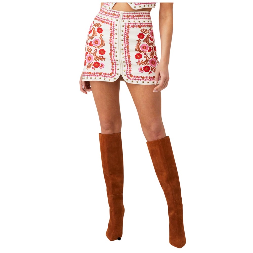 Spell REMI MINI SKIRT Pink and Red Embroidered Medium